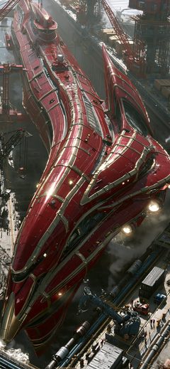 Art Red City Digital Spaceship Sci FI