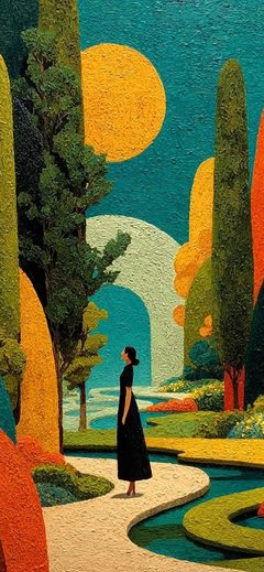 Art Sunset Surreal Landscape Trees Garden Figure