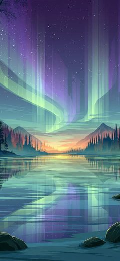 Art Aurora Lake Reflection Night Forest Mountain Illust