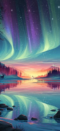 Art Aurora Landscape Night Forest Reflection Sky