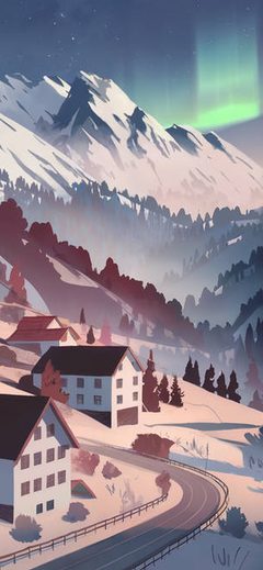 Art Aurora Mountain Village Snow Winter Landscape