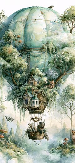 Art Disdisdiscod Hot Air Balloon Mint Gray Woodland Hotairballoon Watercolor Fantasy Trees Misty Vintage