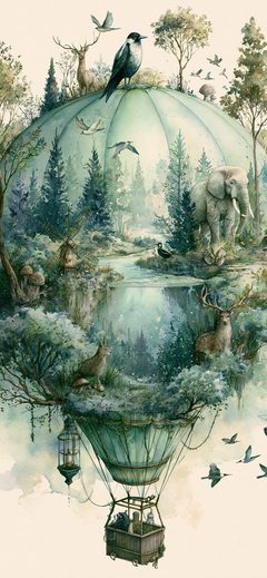 Art Disdisdiscod Hot Air Balloon Mint Gray Woodland Hotairballoon Forest Animal Surreal