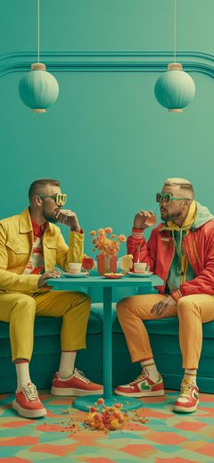 Art George Realistic Photoshop OF Two European IN Men Sitting Sofa Teal Colorful Stylish Interior