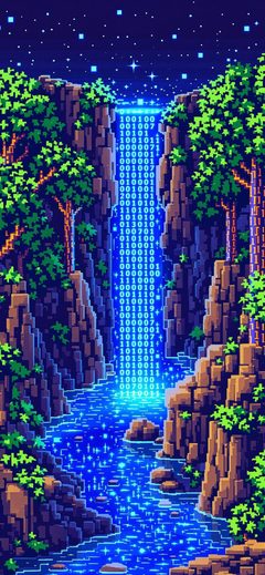 Art Pixel Waterfall Forest Night Digital Retro
