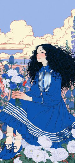 Art Girl Flower Curlyhair Blue Dress Illust