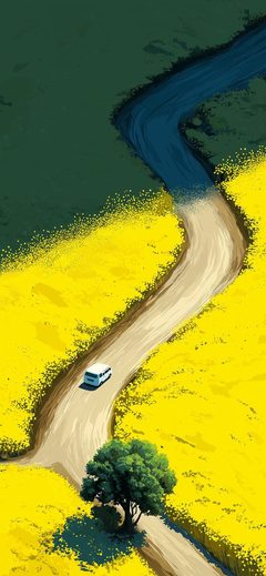 Art Landscape Road Yellow River Tree Car Painted