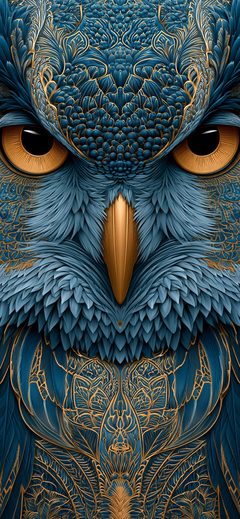 Art Illustration OF Majestic Owl Closeup Feathers Symmetrical Blue Gold