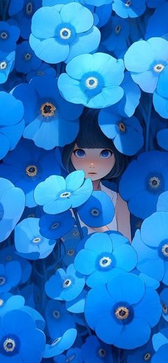 Art Blue Flower Girl Anime Fantasy