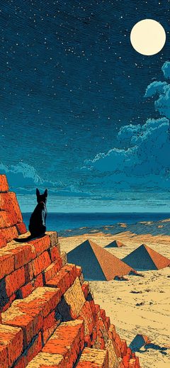 Art Desert Moon Night Cat Pyramids Sky Retro