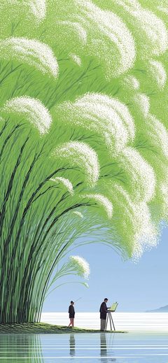 Art Painting Landscape Grass Reeds Water Sky Minimal