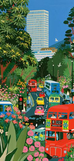Art City Painting OF European Landscape Trees Traffic Buses Flower Illust