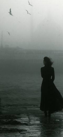 Ppl Popop Opop Istanbul Bosphorus Waterfront IN Heavy Silhouette Fog Seagulls Moody Coast
