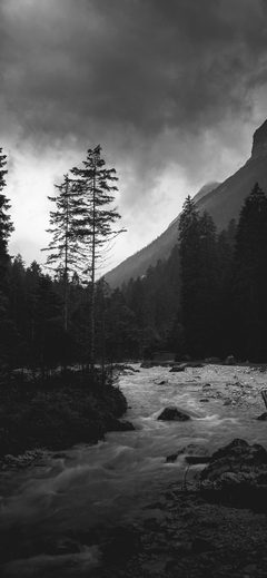 Mountain Wood Night Dark River Nature Blue Flare BW